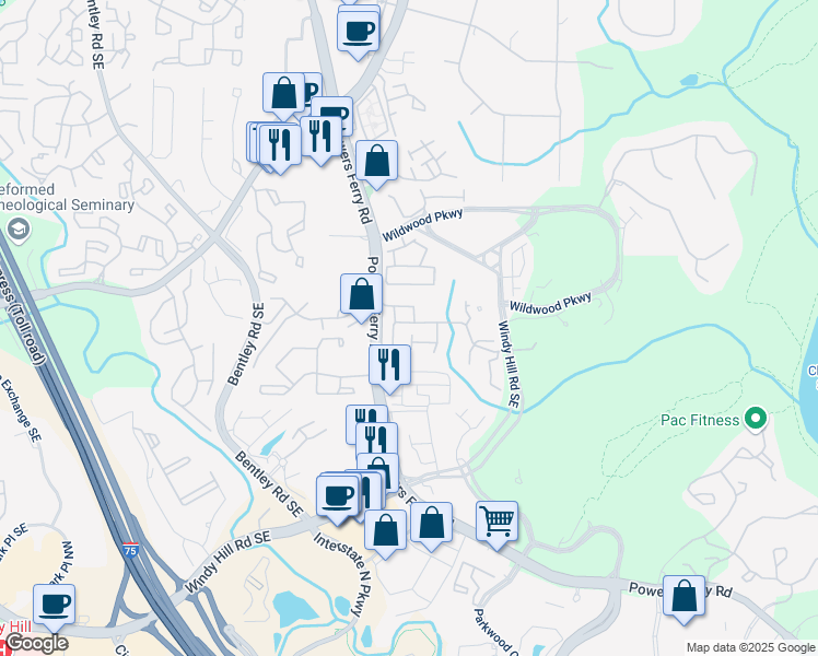 map of restaurants, bars, coffee shops, grocery stores, and more near 1658 Woodwalk Stream in Atlanta