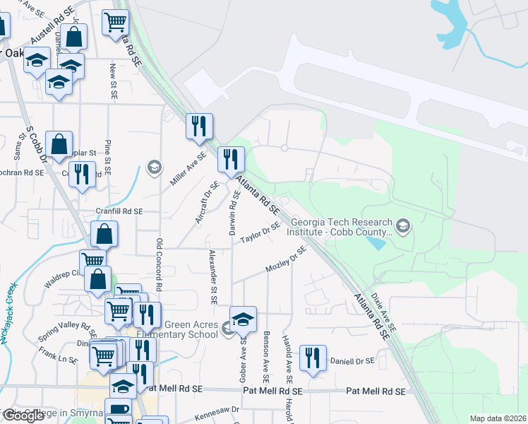 map of restaurants, bars, coffee shops, grocery stores, and more near 753 Taylor Drive Southeast in Smyrna