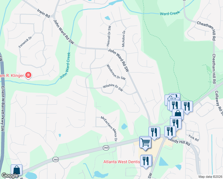 map of restaurants, bars, coffee shops, grocery stores, and more near 1815 Windcrest Circle South West in Marietta