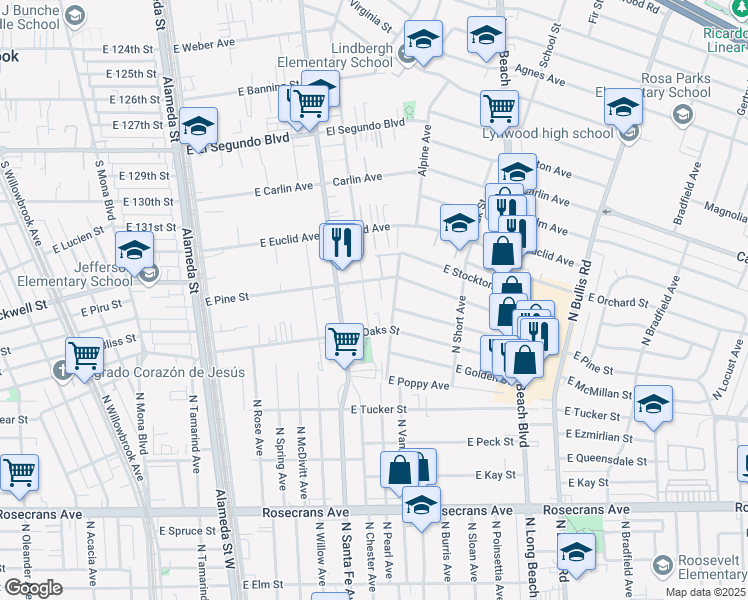 map of restaurants, bars, coffee shops, grocery stores, and more near 808 East Pine Street in Compton