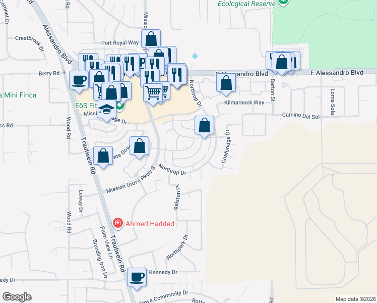 map of restaurants, bars, coffee shops, grocery stores, and more near 5165 Melbourne Place in Riverside