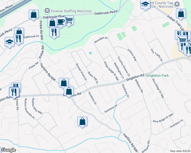 map of restaurants, bars, coffee shops, grocery stores, and more near 1357 Robin Hill Drive in Norcross