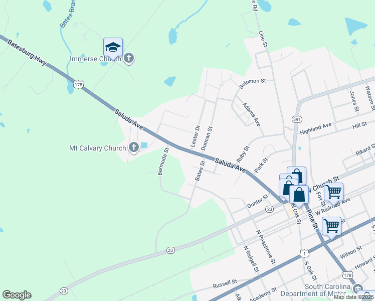 map of restaurants, bars, coffee shops, grocery stores, and more near Saluda Avenue in Batesburg-Leesville