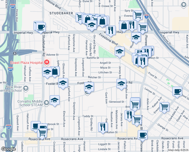 map of restaurants, bars, coffee shops, grocery stores, and more near 11419 Belcher Street in Norwalk