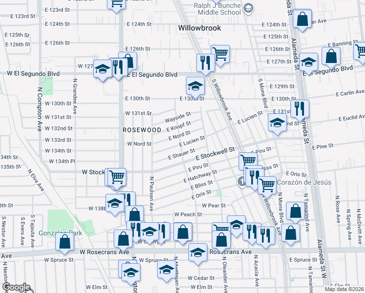 map of restaurants, bars, coffee shops, grocery stores, and more near 2102 East Lucien Street in Compton