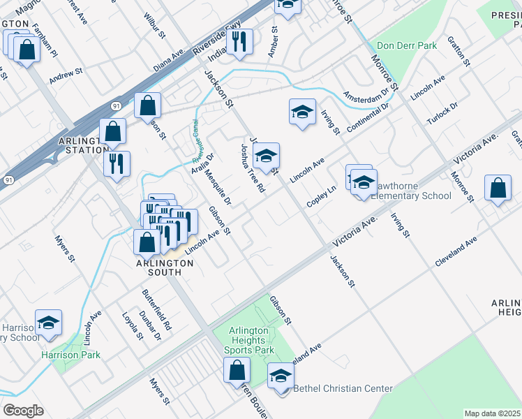 map of restaurants, bars, coffee shops, grocery stores, and more near 2866 Marisa Court in Riverside