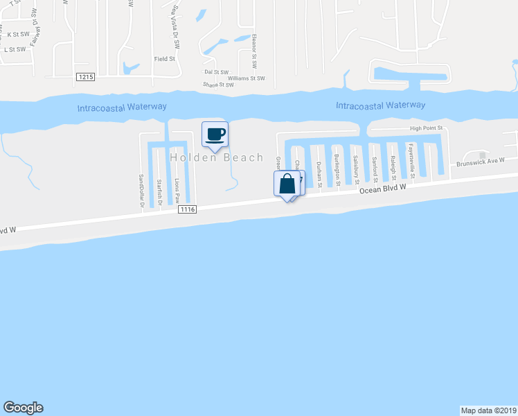 map of restaurants, bars, coffee shops, grocery stores, and more near 499 Ocean Boulevard West in Holden Beach