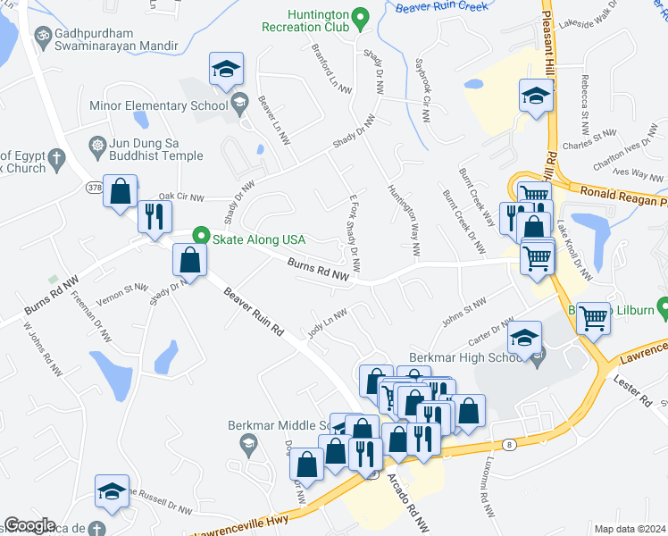 map of restaurants, bars, coffee shops, grocery stores, and more near 4120 Bradstone Trace Northwest in Lilburn