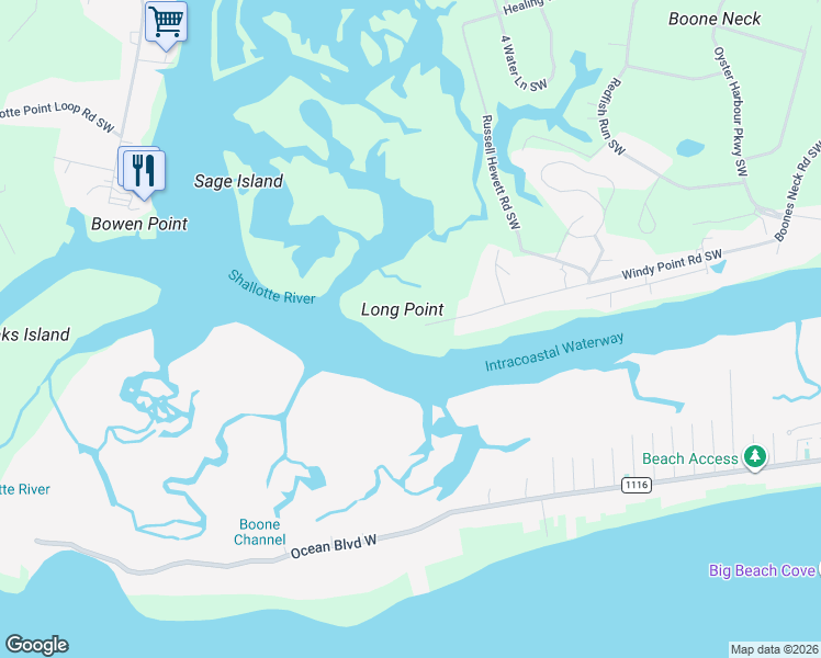 map of restaurants, bars, coffee shops, grocery stores, and more near 3899 Windy Point Rd SW in Brunswick
