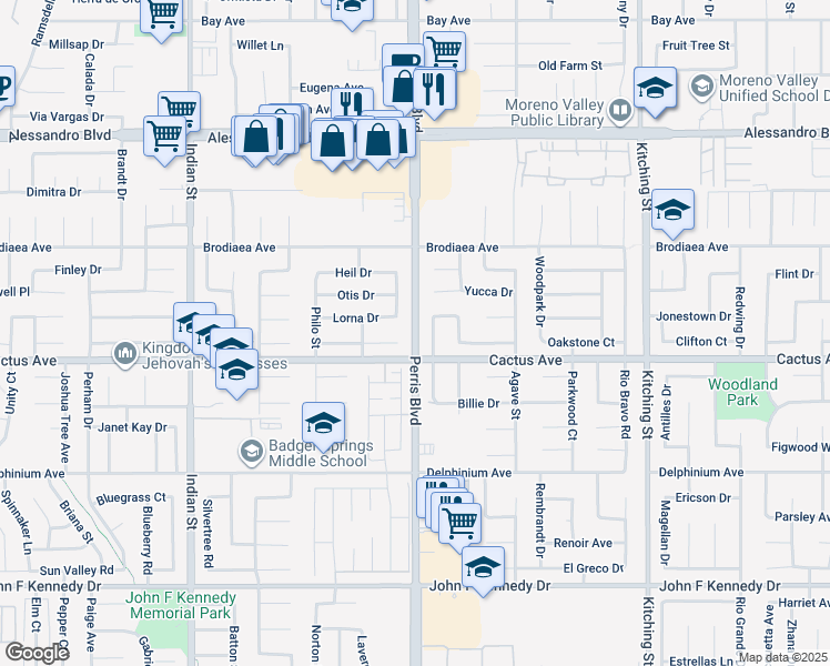 map of restaurants, bars, coffee shops, grocery stores, and more near 14473 Perris Boulevard in Moreno Valley