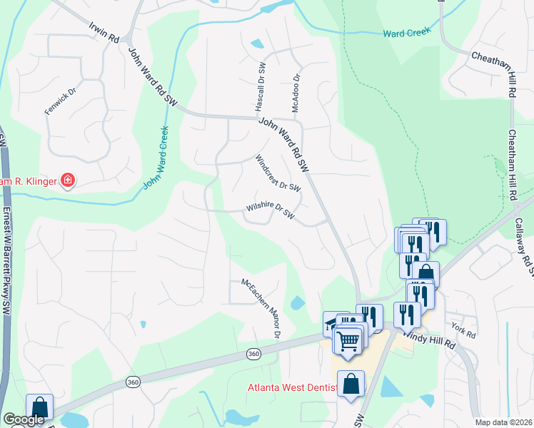 map of restaurants, bars, coffee shops, grocery stores, and more near 1815 Windcrest Circle South West in Marietta