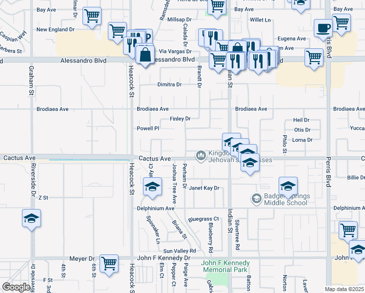 map of restaurants, bars, coffee shops, grocery stores, and more near 24291 Bostwick Drive in Moreno Valley