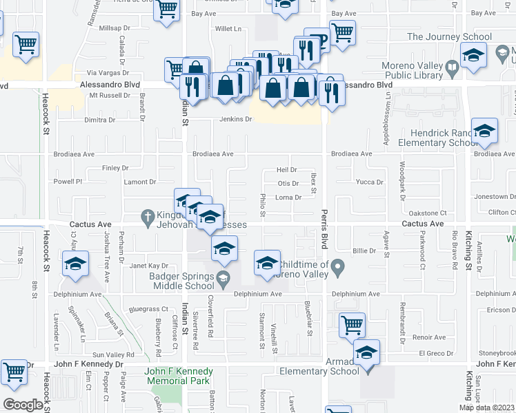 map of restaurants, bars, coffee shops, grocery stores, and more near 14453 Philo Street in Moreno Valley