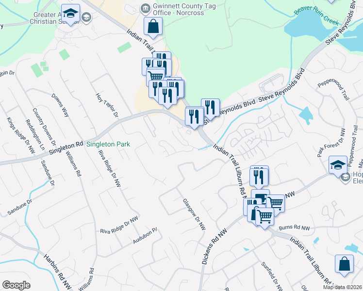 map of restaurants, bars, coffee shops, grocery stores, and more near 5013 Cold Springs Drive Northwest in Lilburn