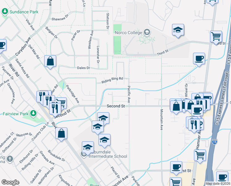 map of restaurants, bars, coffee shops, grocery stores, and more near 2799 Mustang Lane in Norco