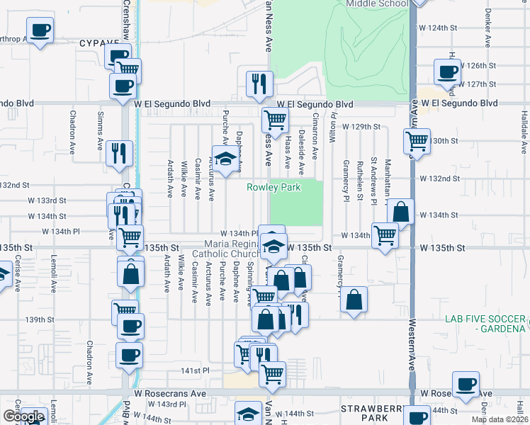map of restaurants, bars, coffee shops, grocery stores, and more near 13400 Spinning Avenue in Gardena