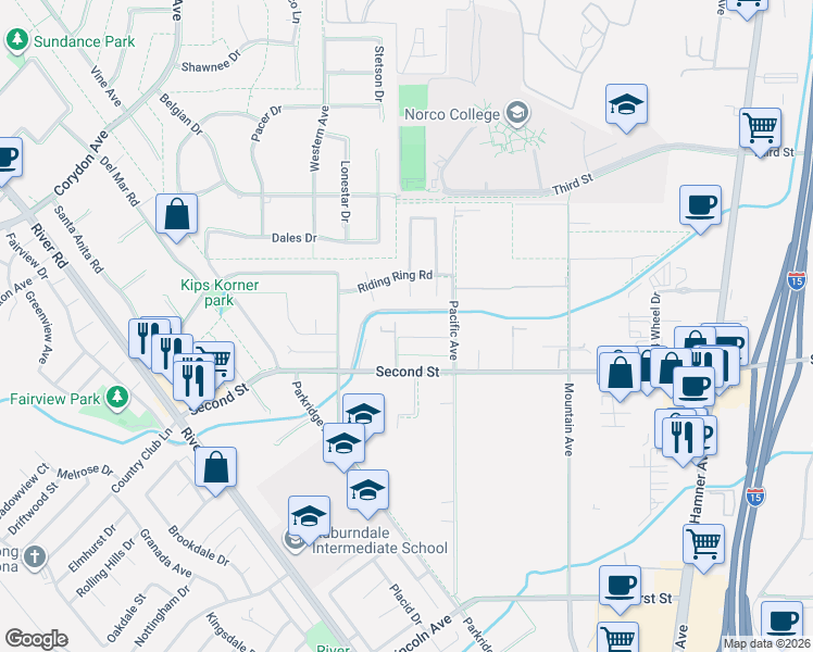 map of restaurants, bars, coffee shops, grocery stores, and more near 2772 Mustang Lane in Norco