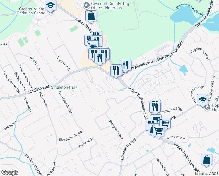 map of restaurants, bars, coffee shops, grocery stores, and more near 1121 Indian Trail Road in Norcross