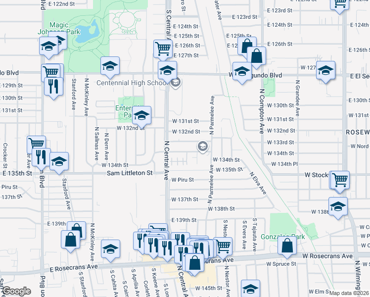 map of restaurants, bars, coffee shops, grocery stores, and more near 1813 West 134th Street in Compton