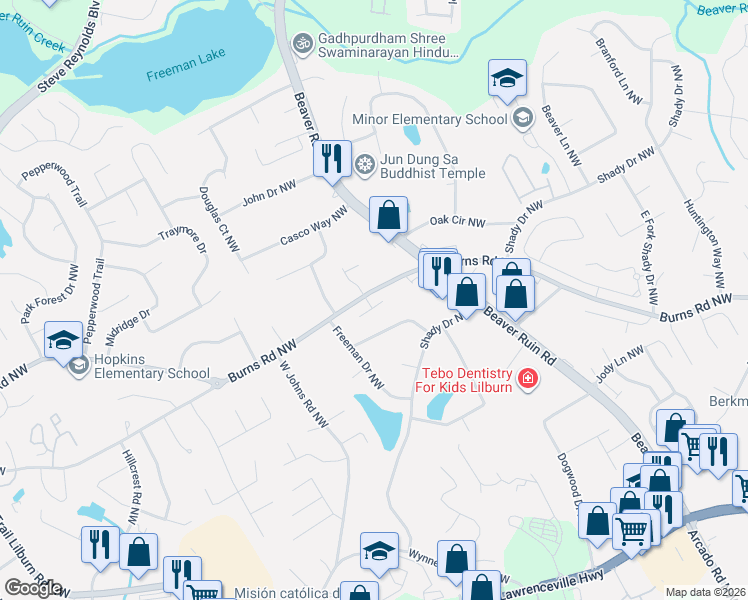 map of restaurants, bars, coffee shops, grocery stores, and more near 4392 Burns Road Northwest in Lilburn