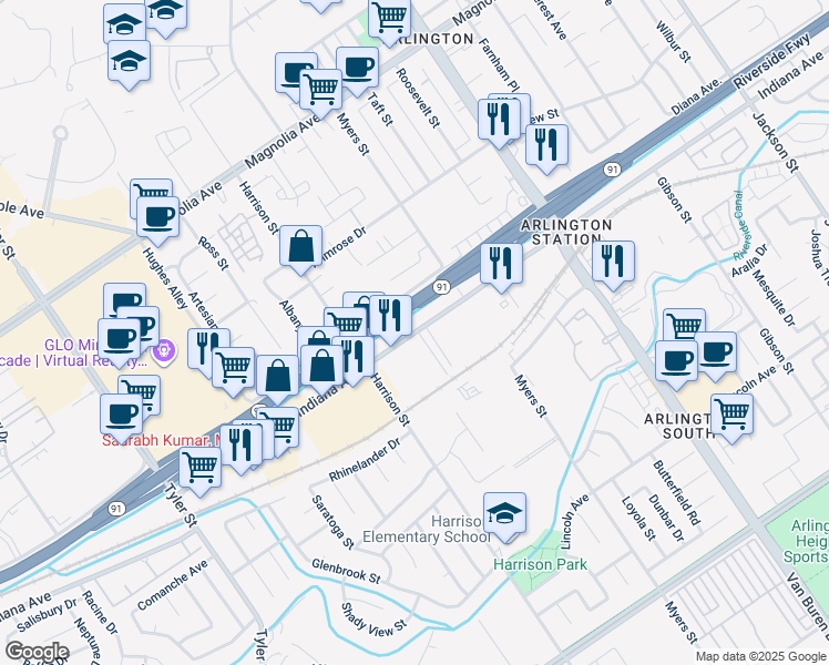 map of restaurants, bars, coffee shops, grocery stores, and more near 9800 Indiana Avenue in Riverside