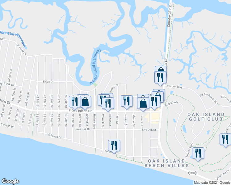 map of restaurants, bars, coffee shops, grocery stores, and more near 423 Trott Street in Oak Island