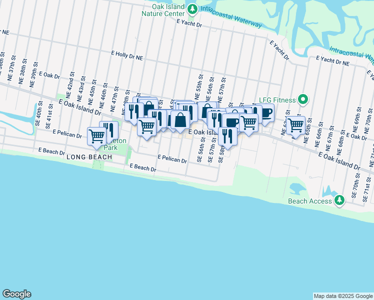 map of restaurants, bars, coffee shops, grocery stores, and more near 109 Southeast 55th Street in Oak Island