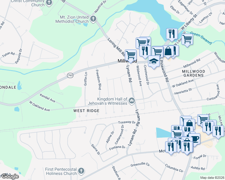 map of restaurants, bars, coffee shops, grocery stores, and more near 305 Freedom Boulevard in Sumter