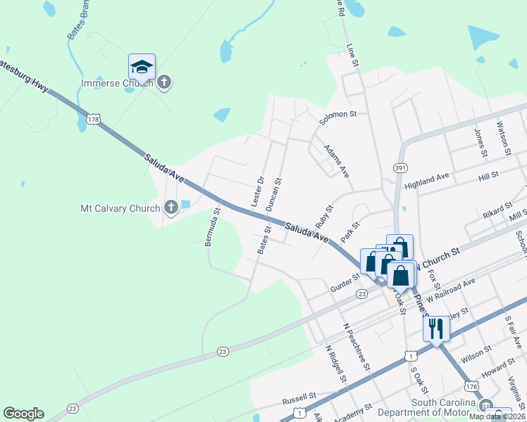 map of restaurants, bars, coffee shops, grocery stores, and more near 353 Saluda Avenue in Batesburg-Leesville