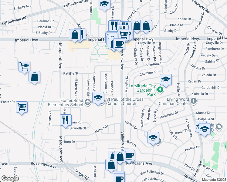 map of restaurants, bars, coffee shops, grocery stores, and more near 14102 Priscilla Street in La Mirada