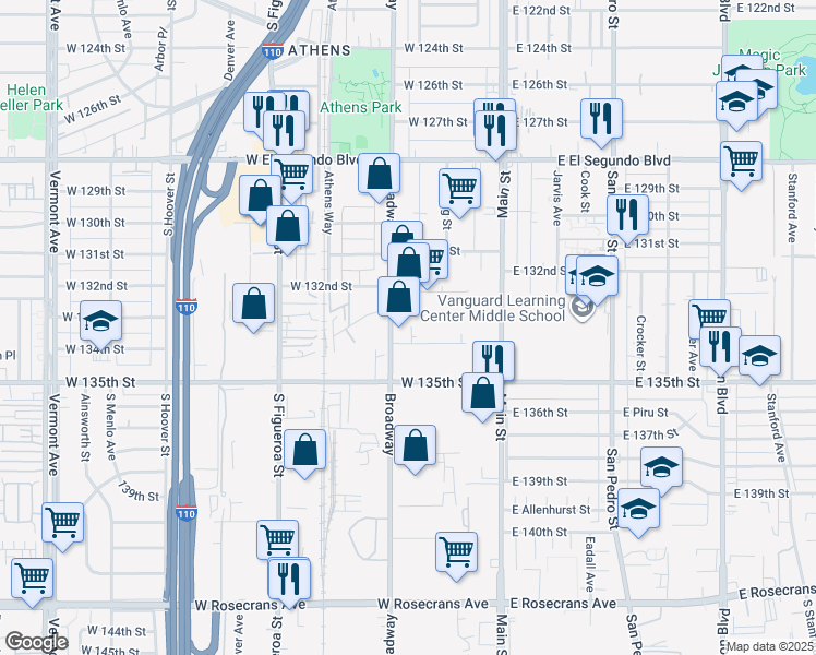 map of restaurants, bars, coffee shops, grocery stores, and more near 215 West 134th Street in Los Angeles