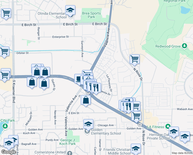 map of restaurants, bars, coffee shops, grocery stores, and more near 432 Maravilla Lane in Brea