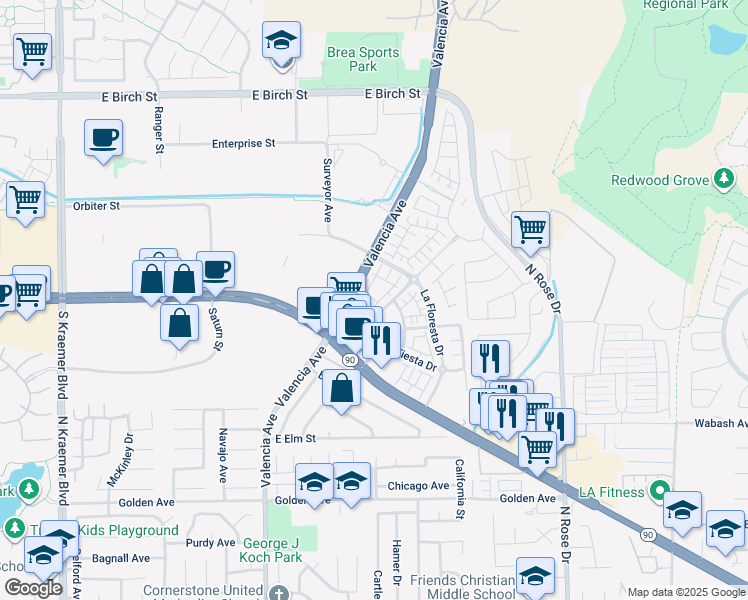 map of restaurants, bars, coffee shops, grocery stores, and more near 3378 Merida Lane in Brea