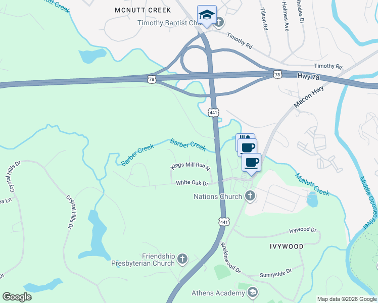 map of restaurants, bars, coffee shops, grocery stores, and more near 1041 Alpine Court in Athens
