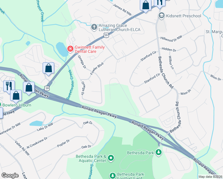 map of restaurants, bars, coffee shops, grocery stores, and more near 217 Omega Dr in Lawrenceville