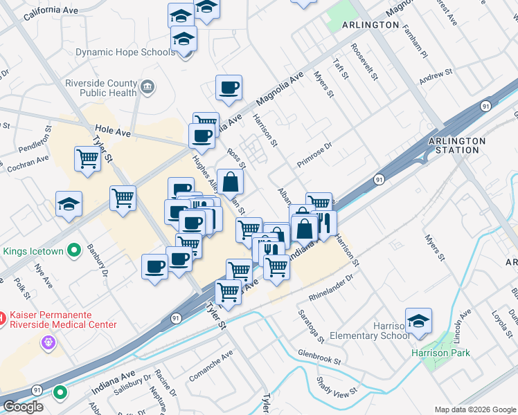 map of restaurants, bars, coffee shops, grocery stores, and more near 10039 Omar Street in Riverside