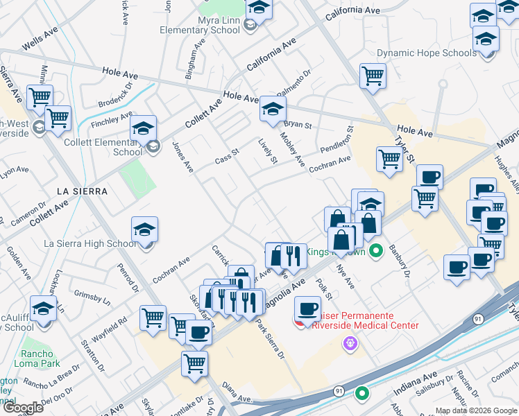 map of restaurants, bars, coffee shops, grocery stores, and more near 10731 Starlight Court in Riverside