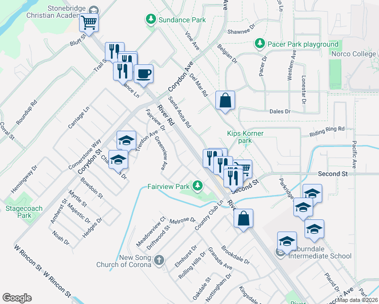map of restaurants, bars, coffee shops, grocery stores, and more near 1298 Dover Circle in Corona