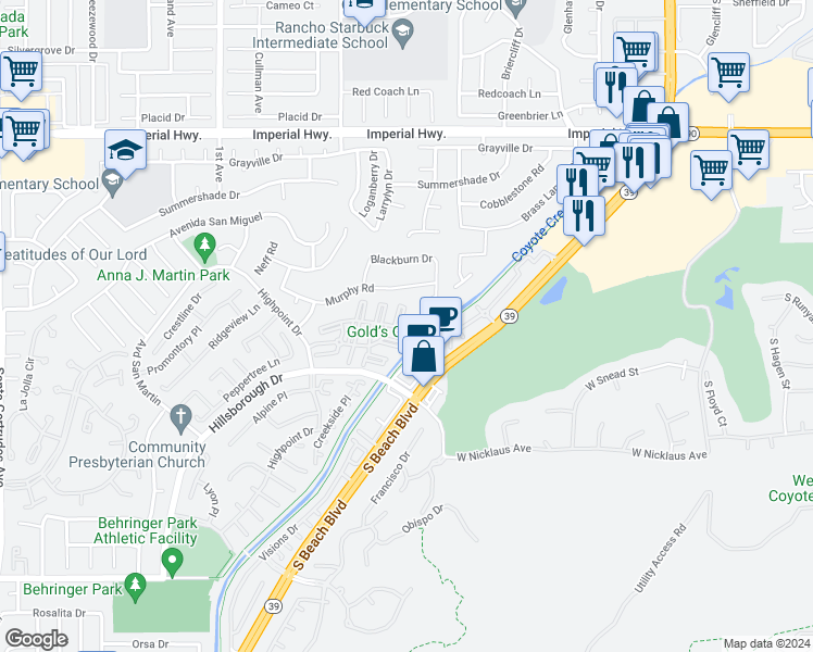 map of restaurants, bars, coffee shops, grocery stores, and more near 16510 Greystone Drive in La Mirada