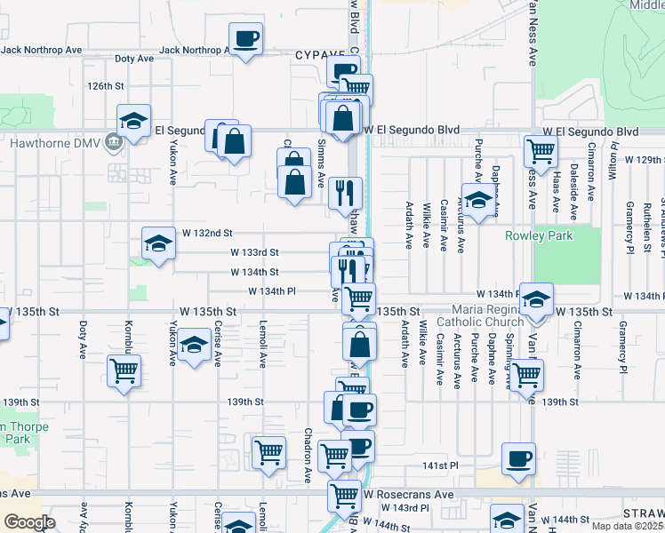 map of restaurants, bars, coffee shops, grocery stores, and more near 3120 West 134th Street in Hawthorne