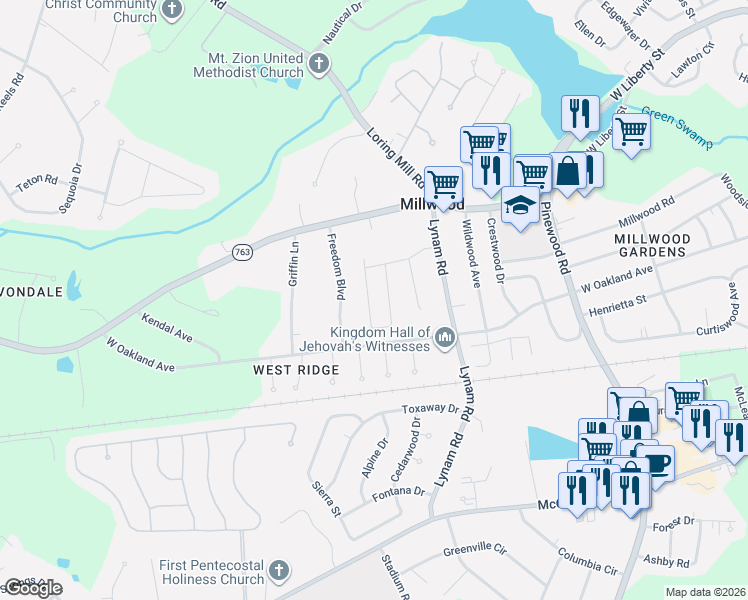 map of restaurants, bars, coffee shops, grocery stores, and more near 305 Freedom Boulevard in Sumter