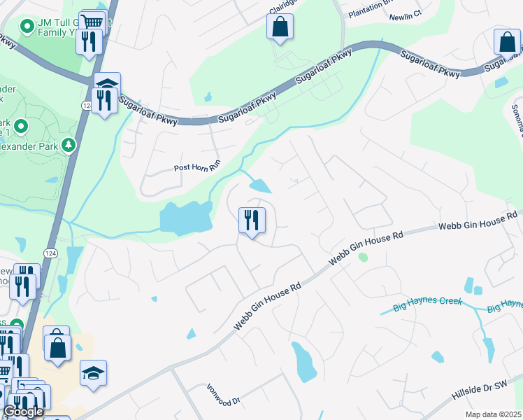map of restaurants, bars, coffee shops, grocery stores, and more near 1410 White Flowers Lane in Lawrenceville