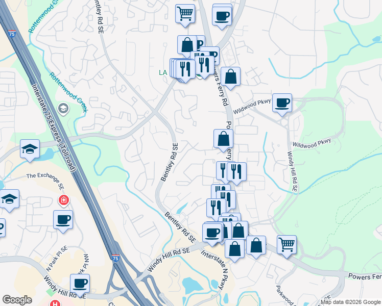 map of restaurants, bars, coffee shops, grocery stores, and more near 1418 Wood Hollow Lane in Marietta