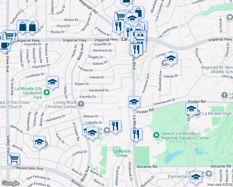 map of restaurants, bars, coffee shops, grocery stores, and more near 14891 Fairvilla Drive in La Mirada