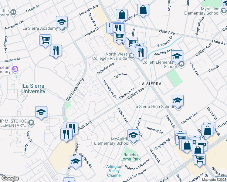 map of restaurants, bars, coffee shops, grocery stores, and more near 4383 Morristown Drive in Riverside