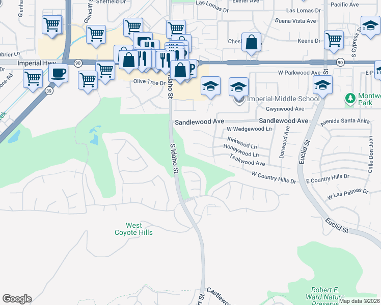 map of restaurants, bars, coffee shops, grocery stores, and more near 900 Teakwood Avenue in La Habra