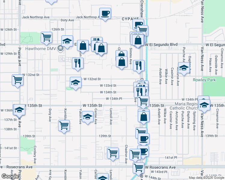 map of restaurants, bars, coffee shops, grocery stores, and more near 3257 West 134th Street in Hawthorne