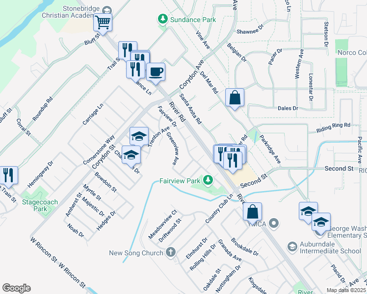 map of restaurants, bars, coffee shops, grocery stores, and more near 1732 Fairview Drive in Corona