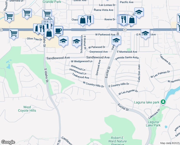 map of restaurants, bars, coffee shops, grocery stores, and more near 521 Teakwood Avenue in La Habra