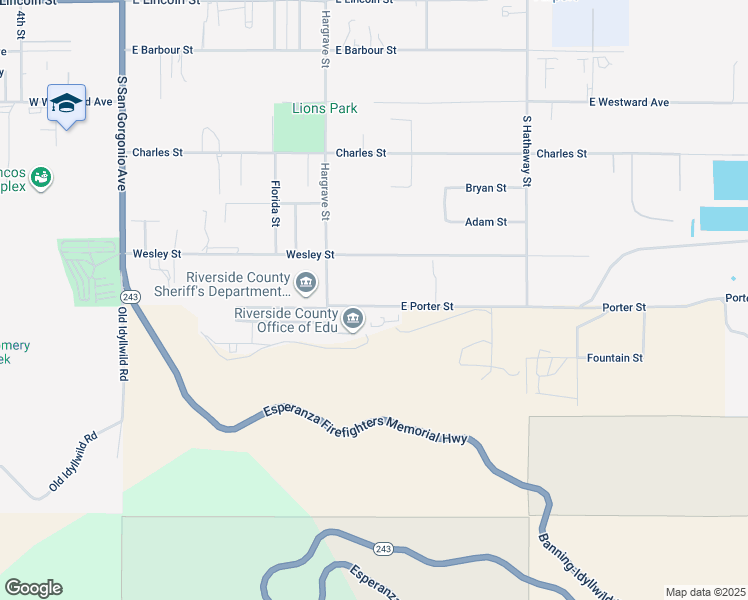 map of restaurants, bars, coffee shops, grocery stores, and more near Porter Street in Banning